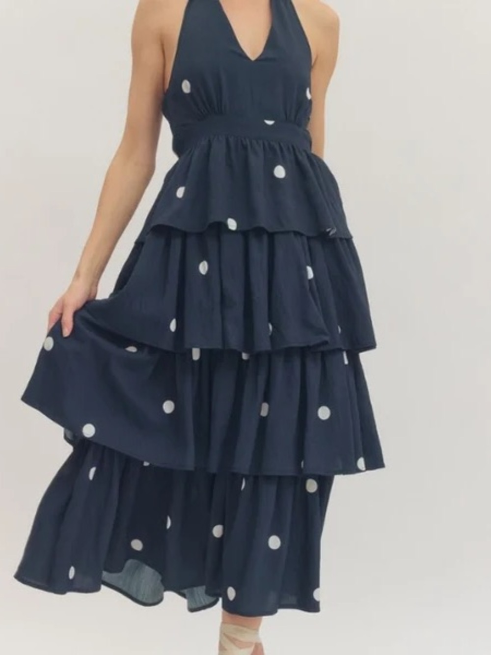 entro Navy Blue Polka Dot Tiered maxi Dress